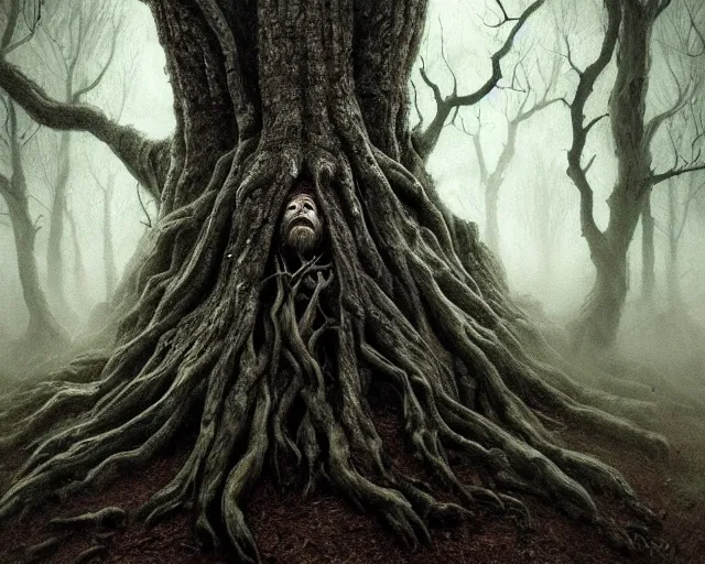 Image similar to a talking oak tree, a face in the bark, nose made of wood, eyes in the bark, mouth in the bark, fantasy horror concept art, scary, digital painting, oil painting, hyperrealistic, treebeard, ent, highly detailed, dark and gloomy, very detailed eyes, artstation, cgsociety, in the forest, by alan lee, by artgerm