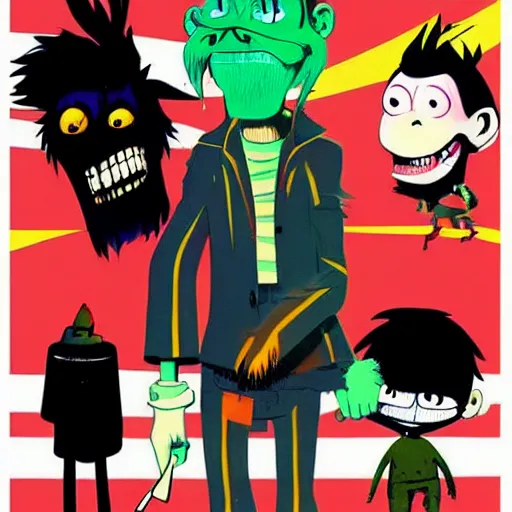 Image similar to gorillaz, official art by Jamie Hewlett, 2D Murdoc Noodle Russel