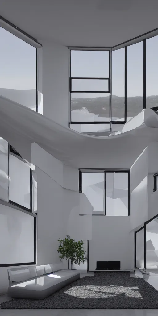 Prompt: inside an inflatable minimalist contemporary home. The inflatable fabric is translucent white with black stitching. A tall, double-height living room and kitchen. The walls bulge with the inflated pressure. The fabric has a strong texture. The inflatable has a cellular geometry. Architectural photography. Unreal engine, 4K, 8k.