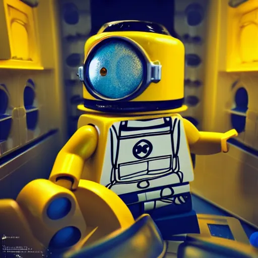 Image similar to lego minion astronaut in the spaceship by goro fujita and beeple, realism, sharp details, cinematic, highly detailed, digital, 3 d, yellow colors