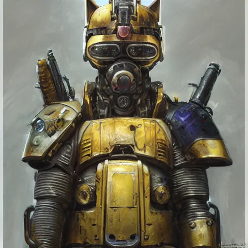Image similar to wearing warhammer 4 0 0 0 0 emperor armor realistic anthropomorphic shiba inu scifi cyberpunk, visible face and full body portrait art by donato giancola and greg rutkowski, vintage retro scifi, realistic face, digital art, trending on artstation, symmetry