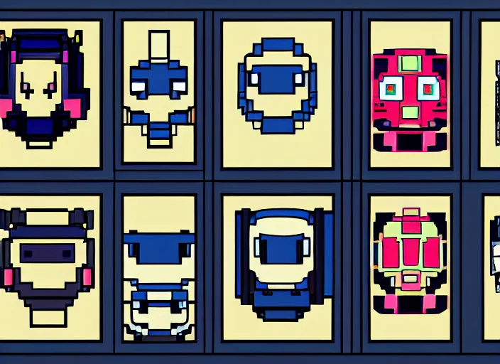 Image similar to a 3 - by - 3 grid of 9 framed closeup face portraits of cute evil robots, in the style of mega man.