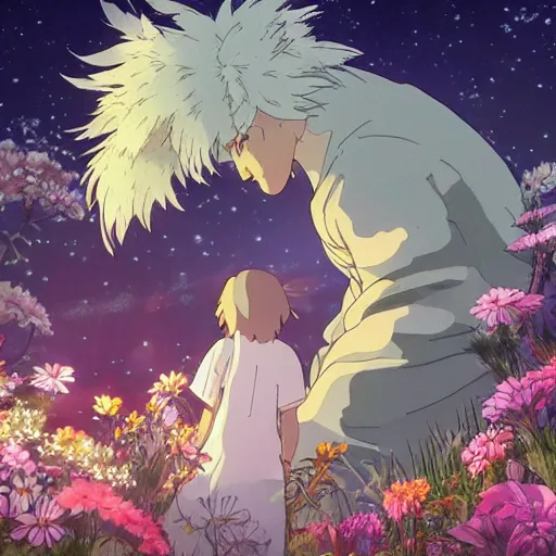 Prompt: spirit creature in the flowers at night made by studio ghibli, beautiful scene, detailed, high quality, high details, smooth, 8 k, detailed creature