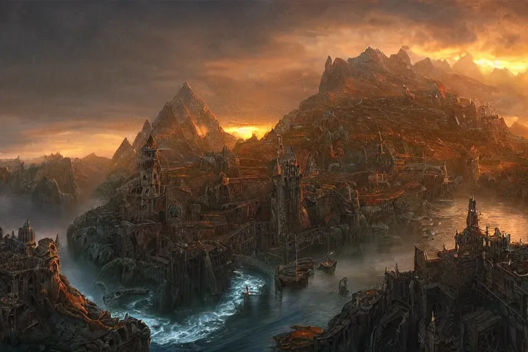 Image similar to high aerial shot, fantasy landscape, sunset lighting ominous shadows, cinematic fantasy painting, dungeons and dragons, a charming port city, harbor, bay by jessica rossier and brian froud and hr giger