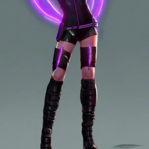 Prompt: Korean cyberpunk female, Cyberpunk 2077 night city gang member with purple bodysuit and knee high boots, trending on artstation by Ruan Jia and Mandy Jurgens and Artgerm and