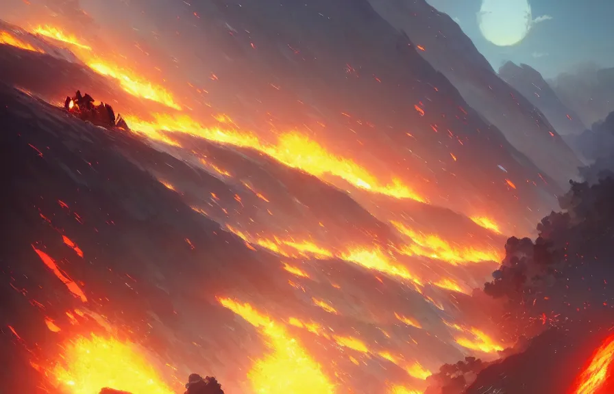 Image similar to makoto shinkai concept art of the lava bomb dimension, key visual, ambient lighting, highly detailed, digital painting, artstation, concept art, sharp focus, by makoto shinkai and akihiko yoshida and hidari and wlop and greg rutkowski