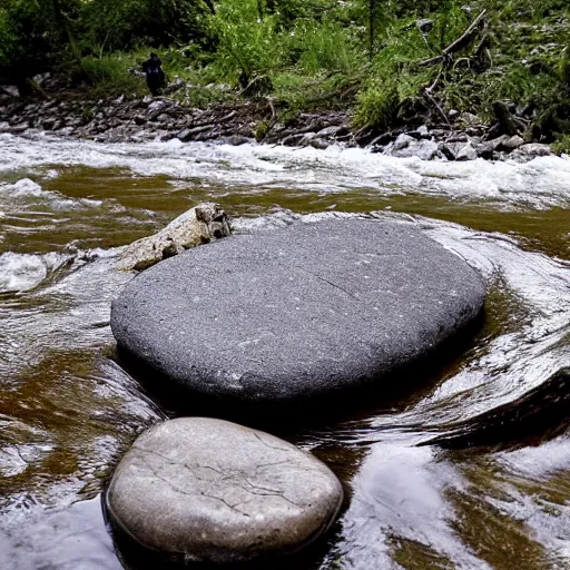 Image similar to detailed footage of european hunger stones in a river, photographic journalism, realistic, european river, carvings of drought and famine