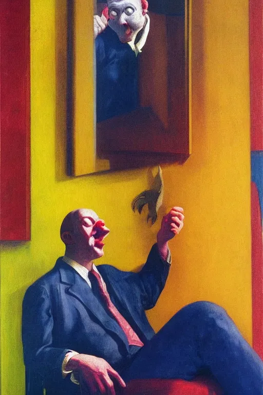 Prompt: portrait of a man who wants to eat himself, but he can't do it, because he's not sugary, hauntingly surreal, highly detailed oil painting, by francis bacon, edward hopper, adrian ghenie, red and yellow and blue colour palette, cinematic composition, masterpiece