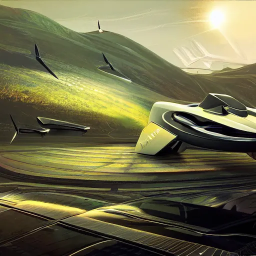 Image similar to solarpunk hovercar, clean energy, green technology, batoidea shape, airspace, sunny day, futurism, intricate, engines, autonomous, highly detailed, peaceful, utopia, bright, digital painting, advanced, artstation, concept art, smooth, sharp focus, epic landscape, art by akihiko yoshida and tim mcburnie and anato finnstark