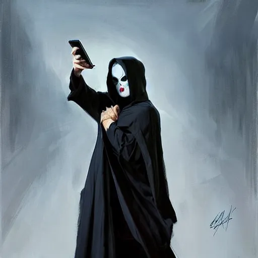 Image similar to greg manchess portrait painting of death in a black hooded cape looking at a smart phone overwatch character, medium shot, asymmetrical, profile picture, organic painting, sunny day, matte painting, bold shapes, hard edges, street art, trending on artstation, by huang guangjian and gil elvgren and sachin teng and phil hale