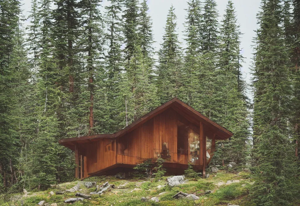 Image similar to a modern large wooden cabin on top of a hill with trees. mountains in the background, photorealistic, portra 4 0 0, high detail