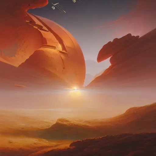 Image similar to ''cinematic shot'' of an star wars battle on the planets surface made of orange hills realistic made by ivan aivazovsky, peter mohrbacher, greg rutkowski volumetric light effect broad light oil painting painting fantasy art style sci - fi art style realism premium prints available artwork unreal engine