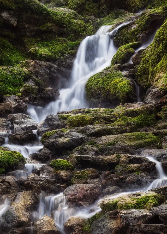 Prompt: a waterfall cascading onto a pebble beach, extremely detailed oil painting, unreal 5 render, digital art, landscape painting, octane render, beautiful composition, trending on artstation, award winning photograph, masterpiece