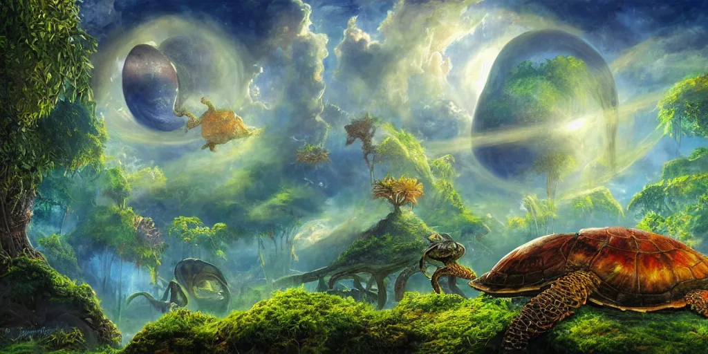 Prompt: fantasy oil painting, klattu's radiant spacecraft, outer worlds, great leviathan, turtle cephalopod terrapin reptilian pachyderm amphibian hybrid, rainforest mountains, lush plants flowers, epic natural light, bright clouds, luminous sky, bright cinematic key lighting, michael cheval, michael whelan, vray, 8 k hd