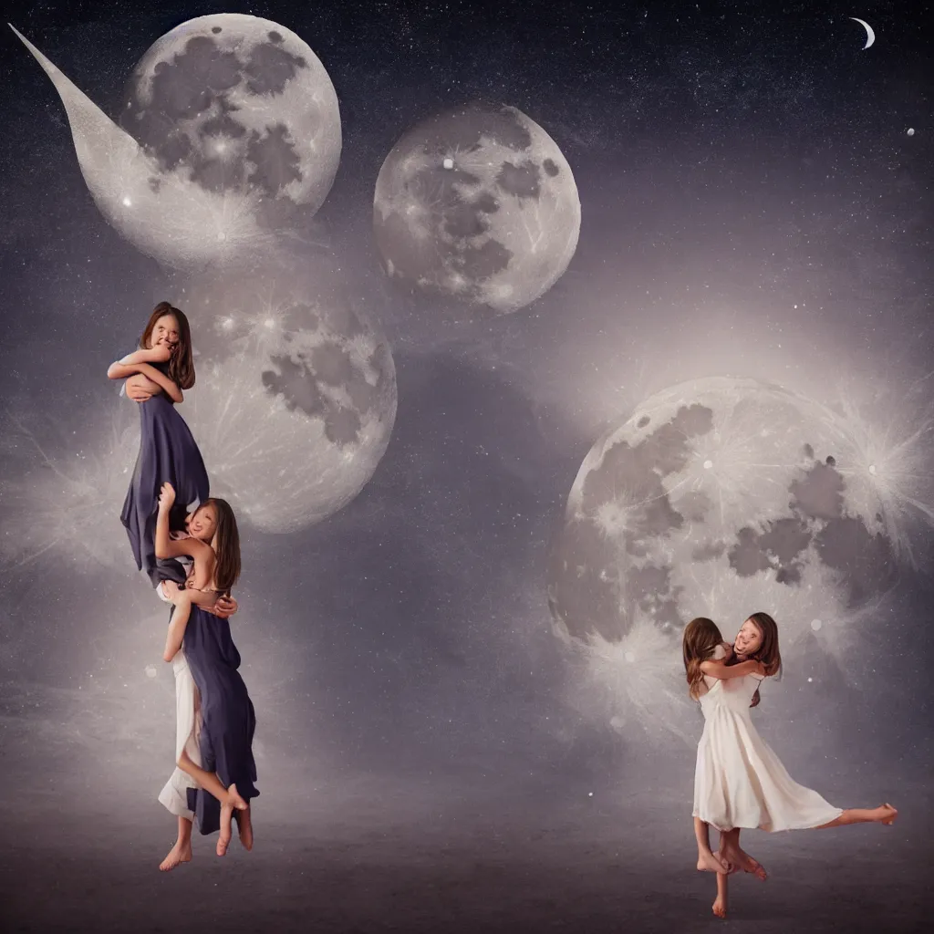 Image similar to girl hugs the moon, dress, realistic, night, light