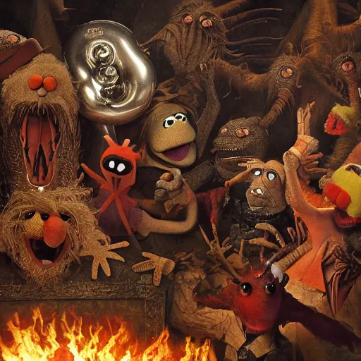 Image similar to muppets in dante's inferno with trumpeters and demons, intricate detail, hieronymous bosch, whealan, hd, unreal engine