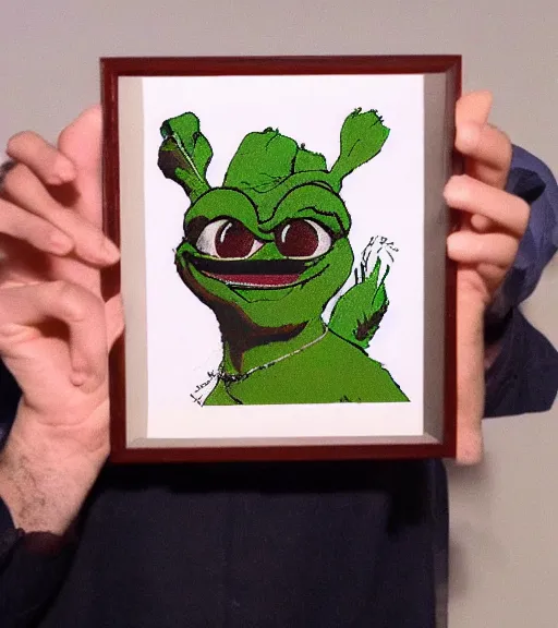 Image similar to pepe holding money, realistic, frame from the movie, hyper detailed, dramatic light