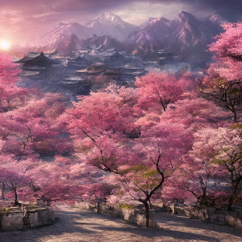 Prompt: old empty samurai city surrounded by sakura trees, beautiful valley and mountains with forest, sunrise matte painting, digital art, artistation