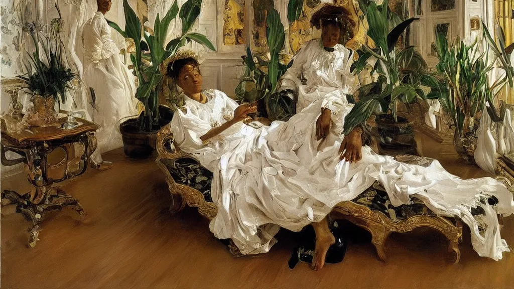 Image similar to high quality high detail painting by lucian freud, jenny savile, ilya repin and john singer sargent, black woman in a white room with many plants, intricate costume design, orientalist, partially gold, ornate, elite, luxury, hd