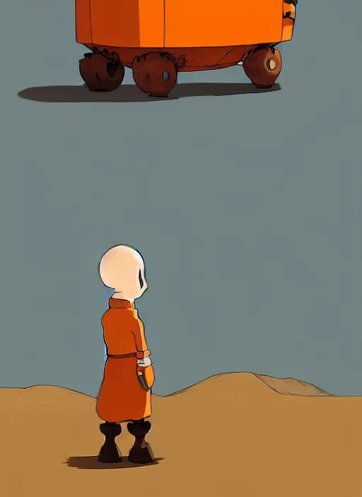 Image similar to a study of cell shaded cartoon of an orange robot monk from howl's moving castle ( 2 0 0 4 ) on a desert road, full body, wide shot, very muted colors, post grunge, studio ghibli, laurie greasley, highly detailed, deviantart, art by artgem