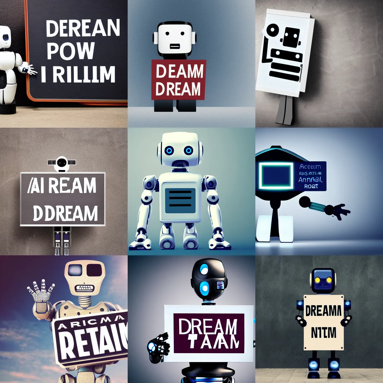 Image similar to artificial intelligence robot holding a sign with text that reads : dream