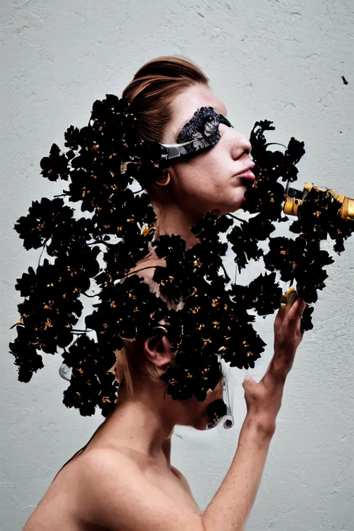 Image similar to a surreal portrait of a woman wearing gas mask blending into a wall of black flowers in the style of brooke didonato, editorial fashion photography from vogue magazine, full shot, nikon d 8 1 0, ƒ / 2. 5, focal length : 8 5. 0 mm, exposure time : 1 / 8 0 0, iso : 2 0 0