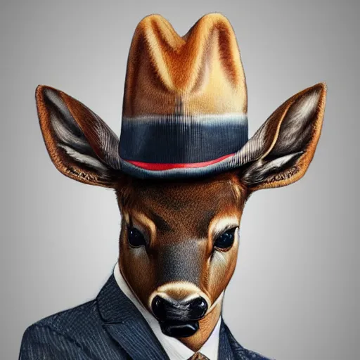 Image similar to a upper body portrait of a deer in a pinstriped suit and pants wearing a fedora with the antlers sticking out of the fedora by artgerm and wlop, intricate detail, digital art, photorealistic, trending on artstation