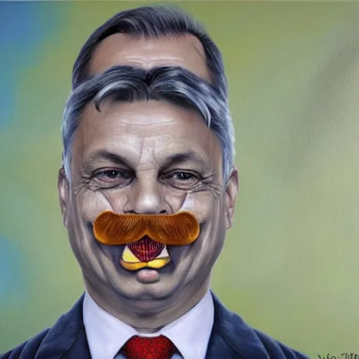 Image similar to viktor orban with a beer moustache, anatomically correct, oil painting, hyper realistic, 8 k highly detailed