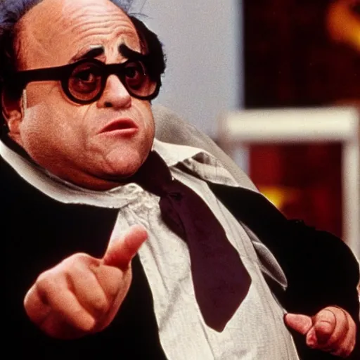 Image similar to A still of Danny Devito as a supervillian in a movie, 1980