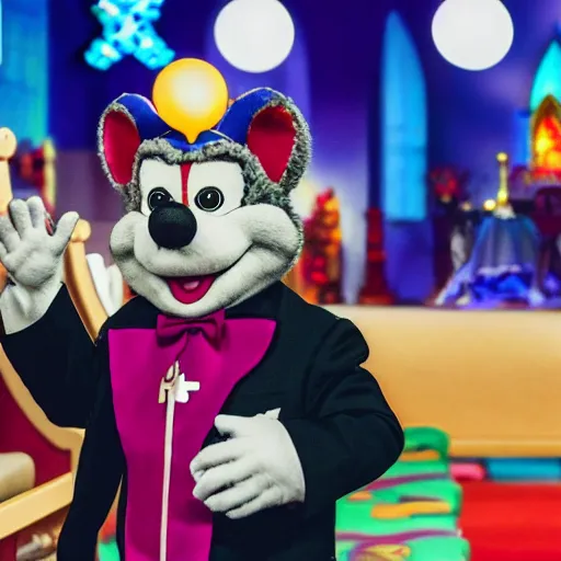 Prompt: photo of Chuck E. Cheese praying at church