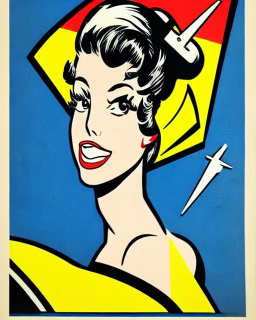 Prompt: a 1950's propaganda poster of a beautiful woman in a flight suit by Roy Lichtenstein