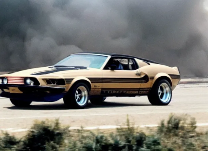 Image similar to a mustang mach 1 from 1 9 7 3 driving from a explosion