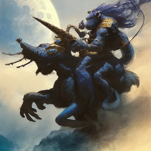 Prompt: blue monkey riding a unicorn on the moon, intricate, sharp focus, illustration, highly detailed, digital painting, concept art, matte, art by ruan jia and wlop and greg rutkowski, masterpiece