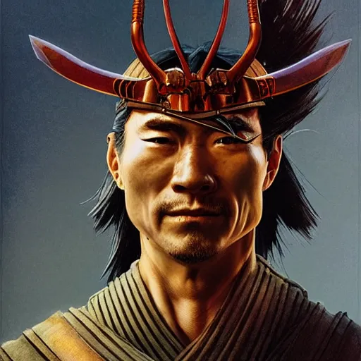 Prompt: head and shoulders portrait of a samurai, d & d, fantasy, greg rutkowski, frank frazetta, alexandre chaudret, boris vallejo, michael whelan, miro petrov, hr giger, magali villeneuve, donato giancola