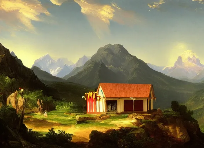 Image similar to painting of a mcdonalds restaurant in front of beautiful mountains by thomas cole