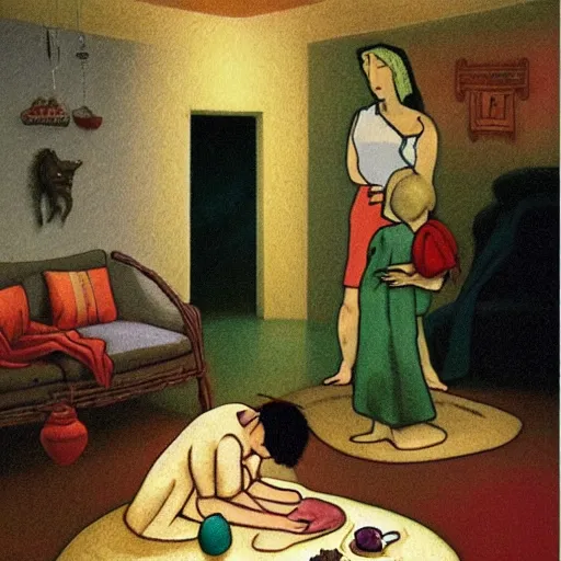 Prompt: the far side, phoenician casual by h. p. lovecraft. a beautiful performance art harmony of colors, simple but powerful composition. a scene of peaceful domesticity, with a mother & child in the center, surrounded by a few simple objects. colors are muted & calming, serenity & calm.