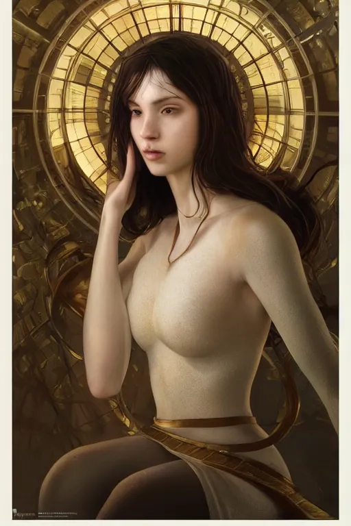 Prompt: beautiful and enigmatic ai held captive in a remote research facility. vulnerability and innocence, ultra realistic, sharp details, subsurface scattering, intricate details, warm lighting, beautiful features, highly detailed, photorealistic, octane render, 8 k, unreal engine, art by artgerm and greg rutkowski and alphonse mucha