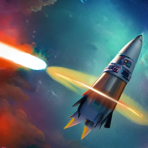 Prompt: Rocket flying in space, colorful, 4k, trending on artstation, cinematic