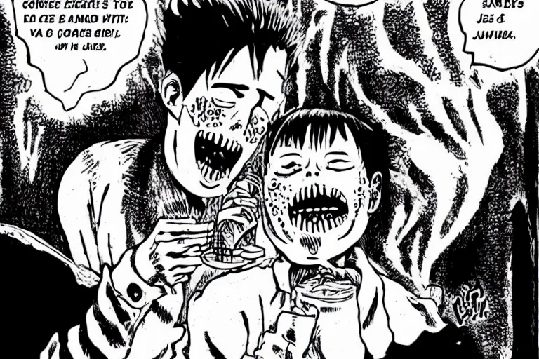 Prompt: Joe Bide eats ice cream and people, Junji Ito