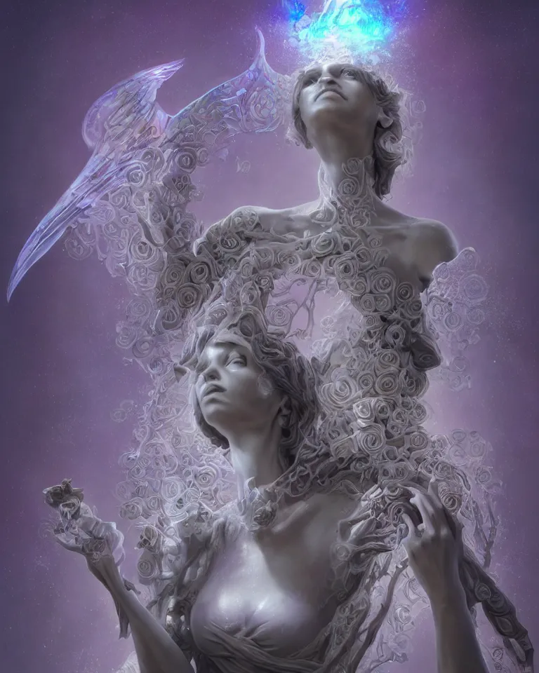 Prompt: a holographic portrait of a gorgeous etherial female gothic cemetery statue breaking apart by Andrew Ferez and RHADS, metaphysical painting, cosmic horror, octane render, trending on cgsociety, featured on zbrush central, grotesque, digital painting, vanitas, new sculpture, mystical