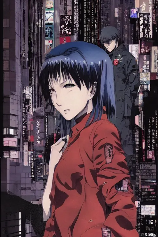 Prompt: professionally drawn 9 0 s seinen seinen seinen mature cyberpunk horror detective action manga comic cover, full color, beautifully drawn coherent professional, drawn by ilya kuvshinov, ilya kuvshinov, and hiromu arakawa and tsutomu nihei. japanese script on the cover. stern woman in foreground with wide beautiful blue eyes. award - winning manga.