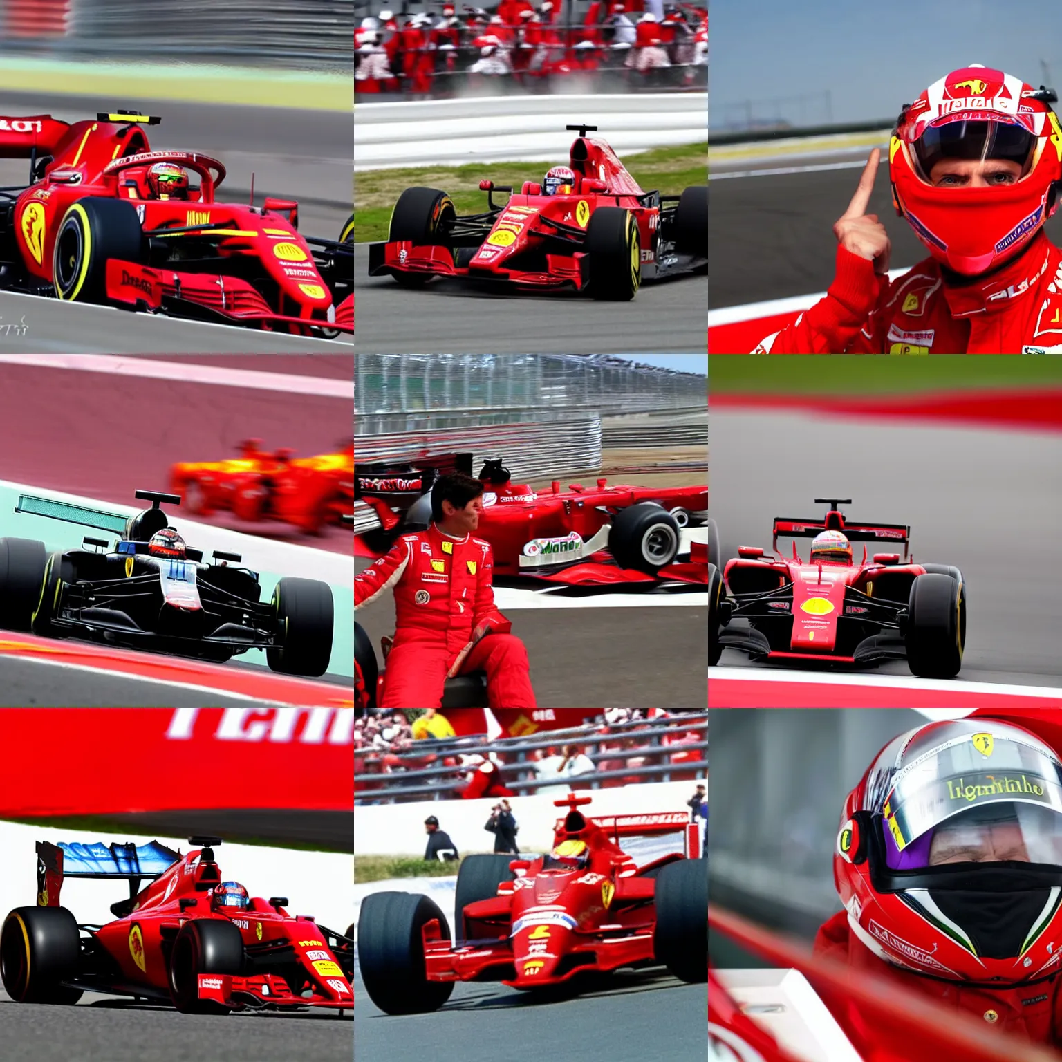 Prompt: Dante Alighieri is the new Ferrari pilot in Formula 1 Dante Alighieri at F1 race. Car. Shot.