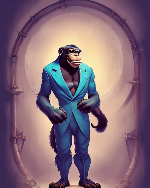 Image similar to don bluth, loish, artgerm, joshua middleton, steampunk, clockpunk anthropomorphic gorilla, full blue suit, smiling, symmetrical eyes symmetrical face, colorful animation forest background