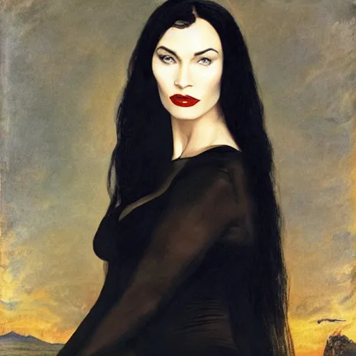 Image similar to upper body portrait megan fox as morticia addams by female adventurer by alfred stevens