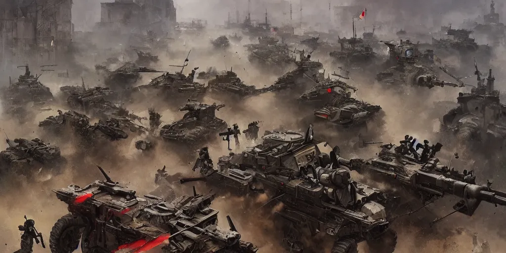 Image similar to french army and civilians are getting slaughtered by samurai robots in the interbellum paris, detailed painting, intense heavy street battle, bullet hell, pile of bodies, artillery bombings, blood on the streets, art by greg rutkowski and jakub rozalski