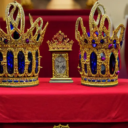 Image similar to a large ornate crown with sapphires and engraved runes, placed upon a crimson altar, d & d, photo