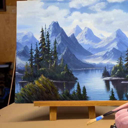 Image similar to a closeup photorealistic photograph of bob ross working on a canvas painting of wonder woman. film still. brightly lit scene. mountains and trees. this 4 k hd image is trending on artstation, featured on behance, well - rendered, extra crisp, features intricate detail, epic composition and the style of unreal engine.