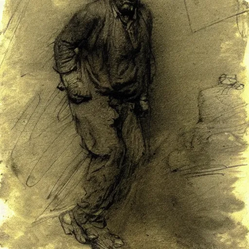 Image similar to Portrait of a drunk man, by Ilya Repin, 19th-century, sketch, spontaneous and sketchy lines, slightly scribbly, masterful, black chalk, charcoal, russian academic style, full body,