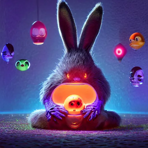 Image similar to fourth dimension, expressive eyes, floating, rbc, bunny, radiolaria, protophyta, micro - organisms, center frame, symmetric, rim light, marine microbiology, bioluminescence, electric, fur, soft, concept art, intricate details, highly detailed, colorful, photorealistic, disney pixar, octane render, iridescent, anime