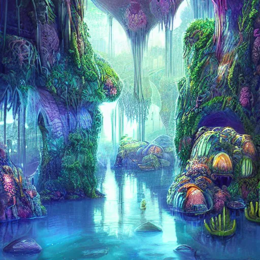 Prompt: an epic organic and weird underground jungle city. brightly illuminated water. beautiful landscape. digital artwork by vincent bons, michael whelan interesting pastel colour palette. beautiful light. oil and water colour based on high quality render.